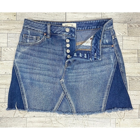 PacSun Dresses & Skirts - Pacsun Denim Blue Jean MINI skirt Pieced distressed Raw Hem Button fly Sz 25